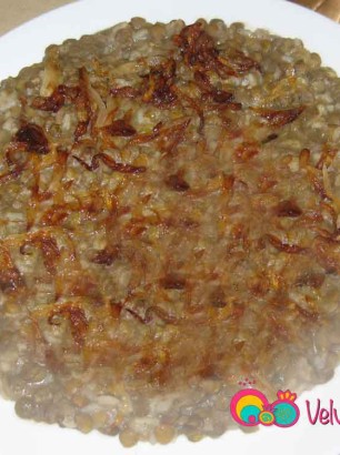 Mujaddarah, lentils with rice, topped with caramelized onions.