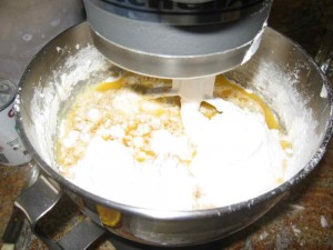 Add the flour and baking powder. Make sure you don't over mix.