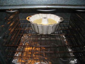 Place your cake in a preheated 350 degrees oven for 45 to 50 minutes, until a toothpick inserted to the center comes out clean.