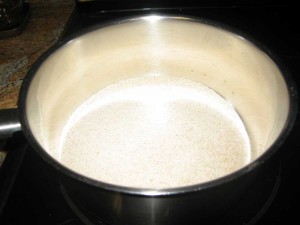 Place the semolina or cream of wheat to a 5 qt saucepan and stir constantly while cooking on medium high heat. Once it begins to brown, the cooking process is very quick. Keep a watchful eye otherwise it will burn and you will have to start again.