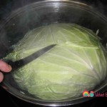 Fill a large saucepan halfway up with water and bring to a boil. Reduce heat and place the cabbage in the boiling water while pressing it down.