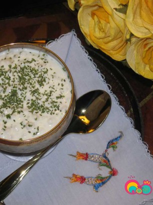Pelted wheat with yogurt and dried mint.Pelted wheat with yogurt and dried mint.