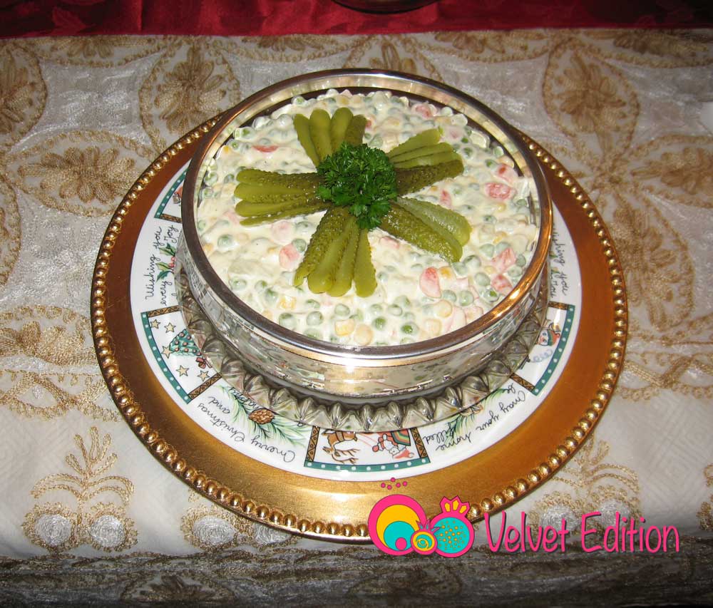 Salad Russe or Salad Olivier with the cooked vegetables and dressing combined.