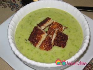 Empty soup into serving bowls and add a few toast pieces as croutons.