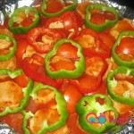 Add the green bell pepper rings. Cover and bake.