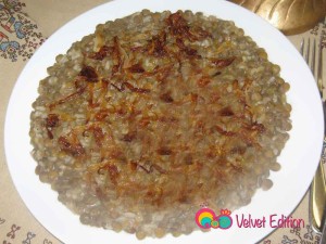 Mujaddarah, lentils with rice, topped with caramelized onions.