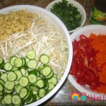 Bean sprouts, baby cucumbers, julienne carrots, red peppers and cilantro.