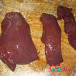 Cut the liver equally into 1 inch strips, and then into cubes.