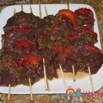 Arrange the liver onto skewers and add red or green bell peppers in between.