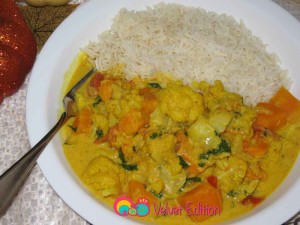 Cauliflower sweet potato coconut curry served with Basmati rice.